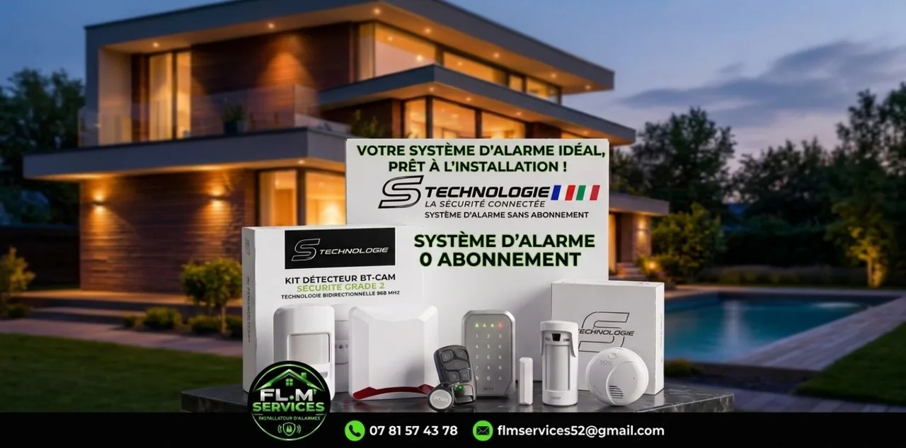 Système d’alarme S-Technologie sans abonnement obligatoire, avec centrale, détecteurs et accessoires, présenté par FL.M'SERVICES